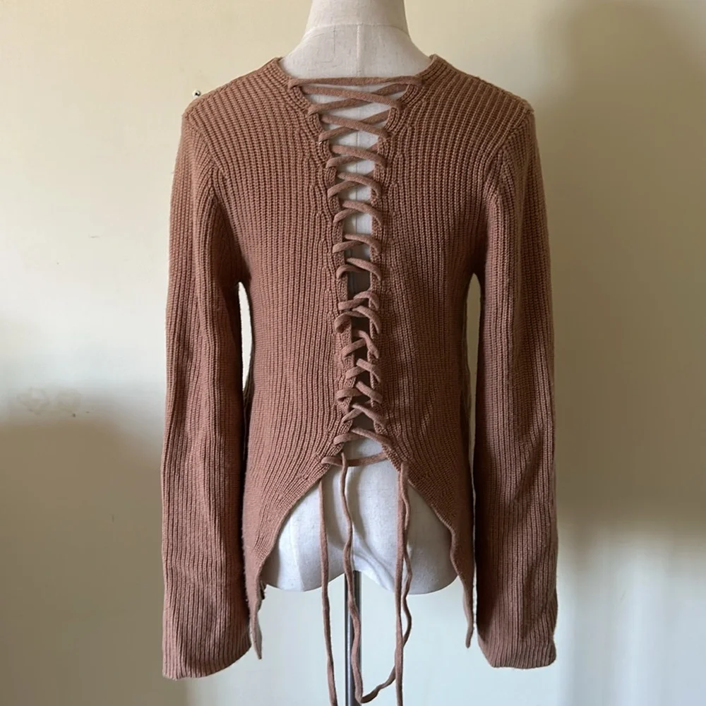 A.L.C. Camel Tan MARKELL Wool Cashmere‎ Lace-Up Back Crewneck Sweater